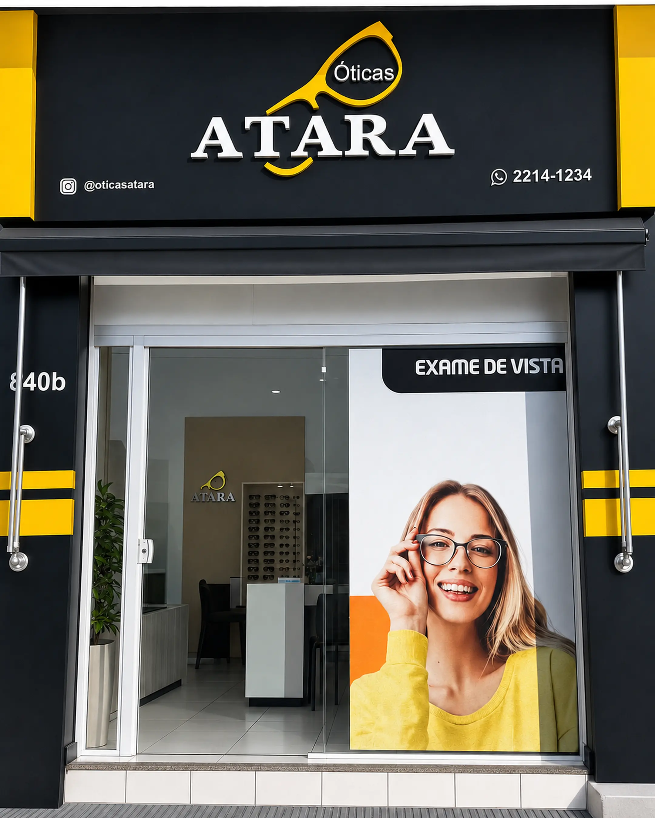 Fachada real da Óticas Atara na Rua Rosa Mendes, 840
