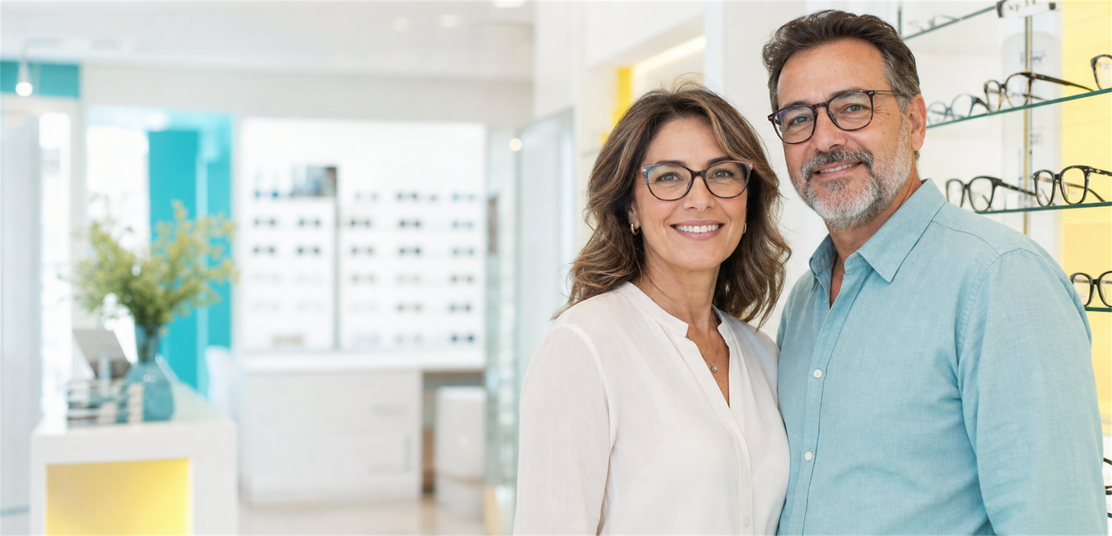 Clientes utilizando óculos de grau em situações do dia a dia