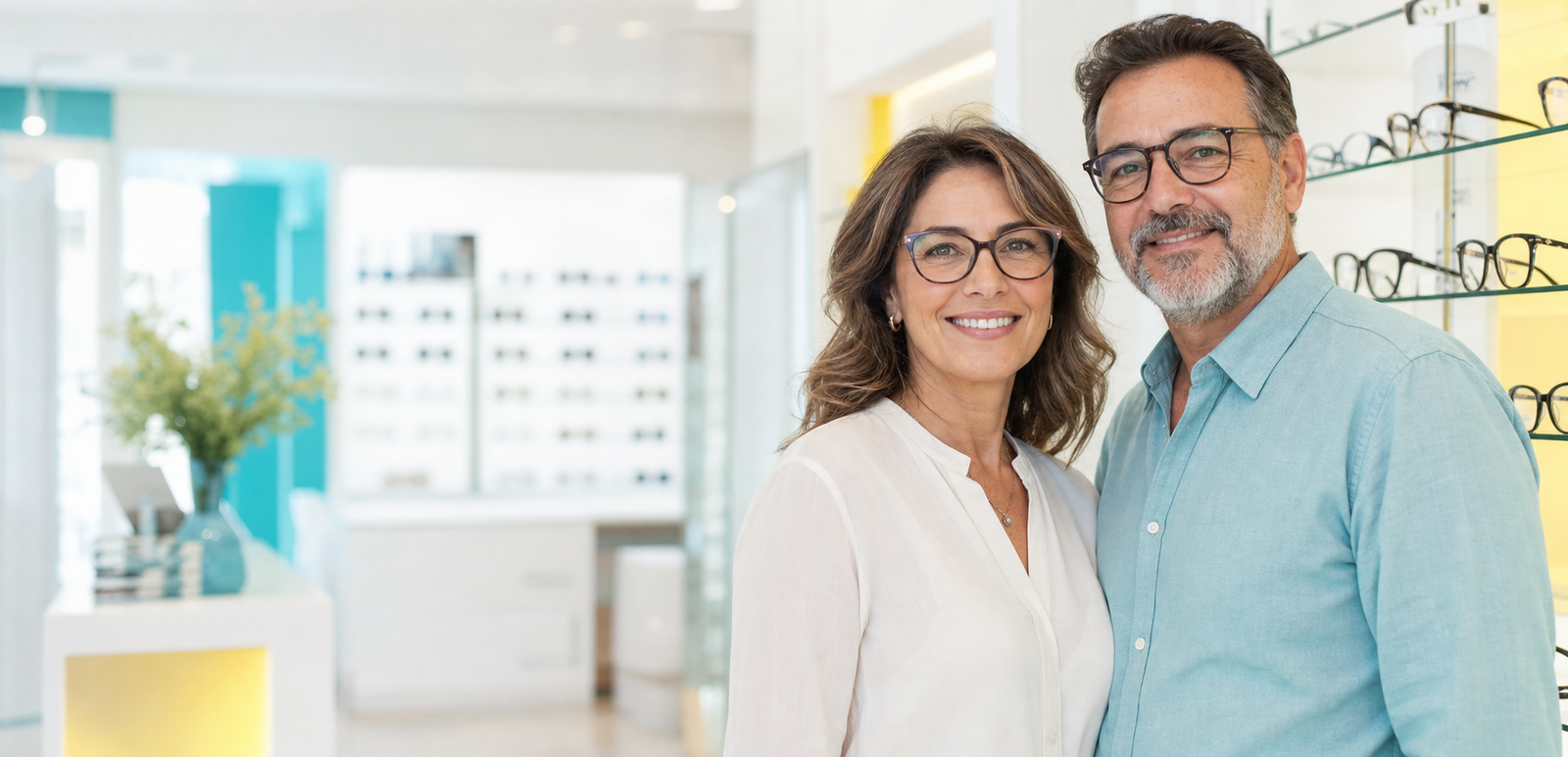 Clientes utilizando óculos de grau em situações do dia a dia