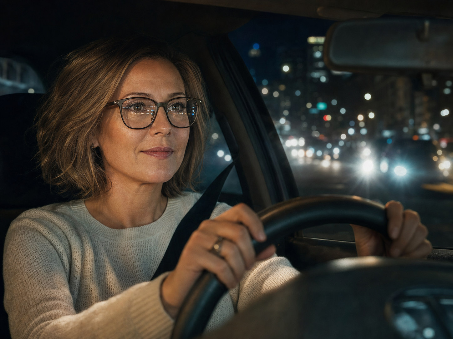 Pessoa dirigindo à noite usando óculos com lentes antirreflexo