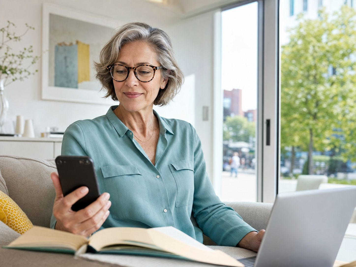 Pessoa usando óculos multifocais para celular, leitura, computador e visão de longe