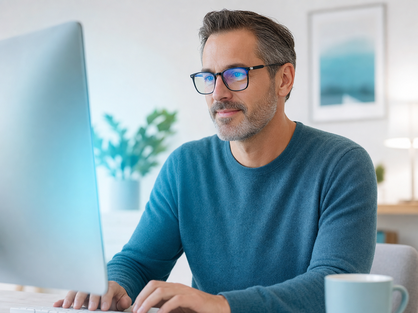 Pessoa usando óculos na frente do computador com reflexo suave de tela nas lentes